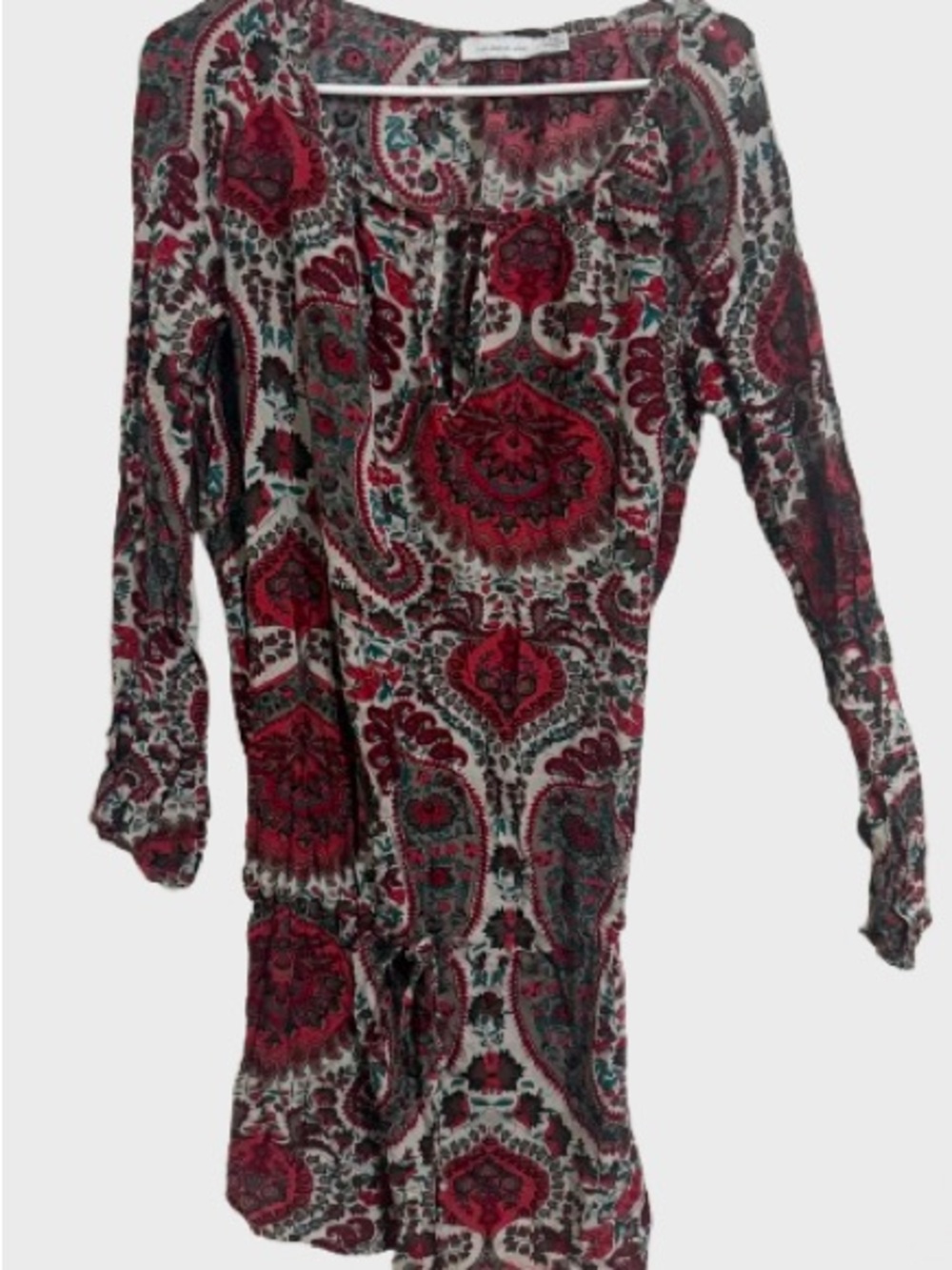 Long Sleeve Paisley Tie-Waist Dress - Red Pattern